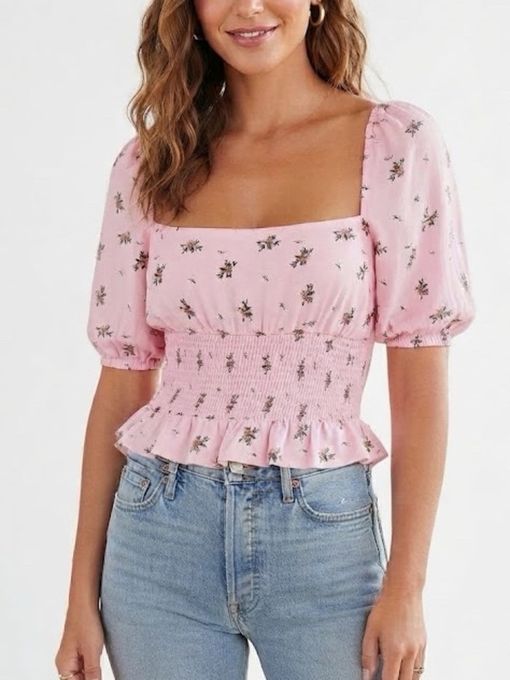 AFRM Smocked Blouse Puff Sleeve Cut Out Back Size Medium Pink Floral
